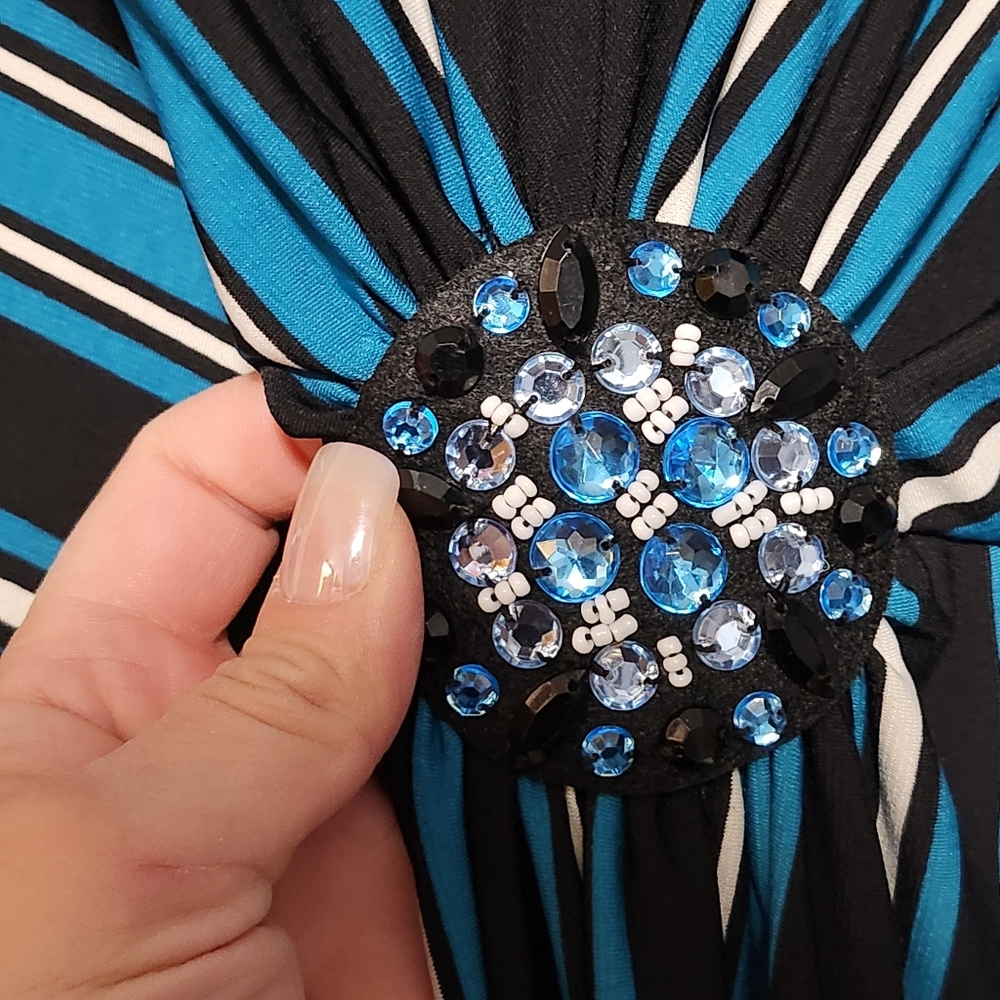 CATHERINES Dress Plus 3X Black Blue Stripe Sleeveless Beads Bling Resort Cruise - Picture 5 of 8